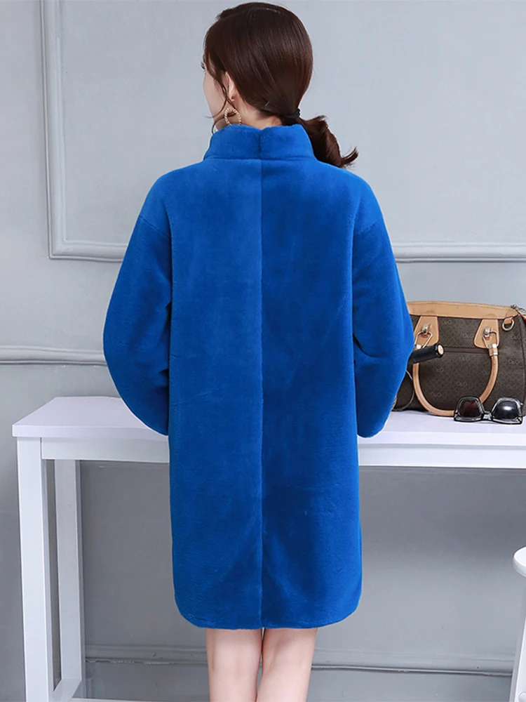 Nerazzurri Winter Fluffy Faux Fur Coat Women Colored Blue Black Gray Warm Furry Fake Rex Rabbit  Jacket Cocoon Korean Fashion