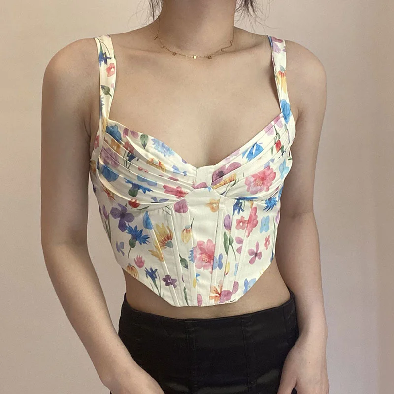 

hirigin Y2K Fairycore Retro Crop Tops Vintage Floral Print Corsets Chic Aesthetic V-neck Skinny Bodycon Mini Vest Women Clothes