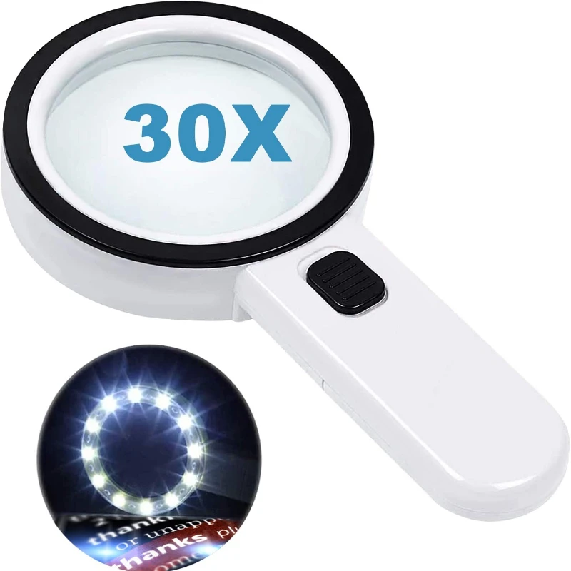 

Magnifying Glass with 12 LED Lights 30X Double Glass Lens Handheld Illuminated Magnifier Reading Magnifying Glass