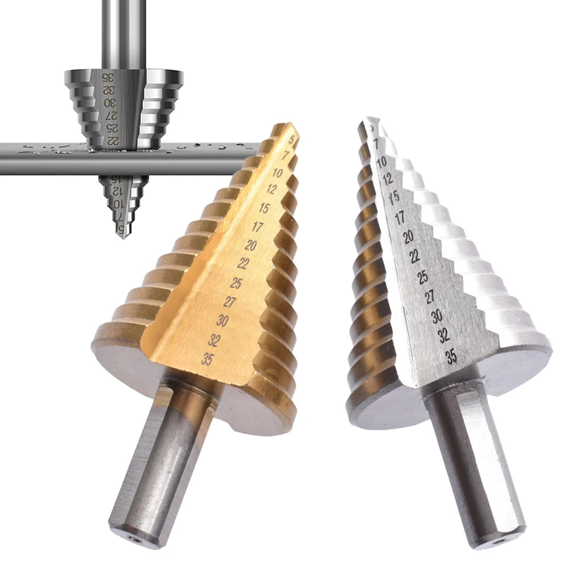 1pc 5-35mm Metal Wood Drill Step Cone Drill Titanium Coated Straight Groove Hole Cutter HSS Round Triangle Shank Step Drill Bit