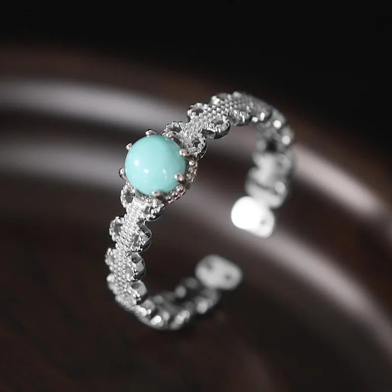

Kinel Real 925 Sterling Silver Original Certified Round Natural Turquoise Ring For Women Vintage Simple Old Make Desgin
