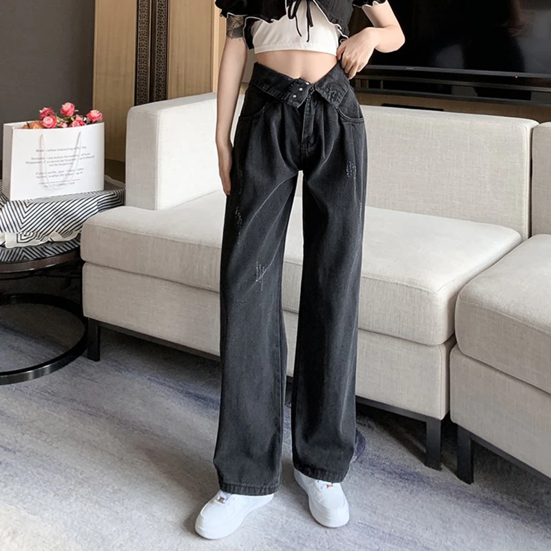 Single-Breasted Jeans Women Fashion Black High Waist Buttons Denim Pants 2022 New Wide Leg High Street Trousers Side Pocket S-XL