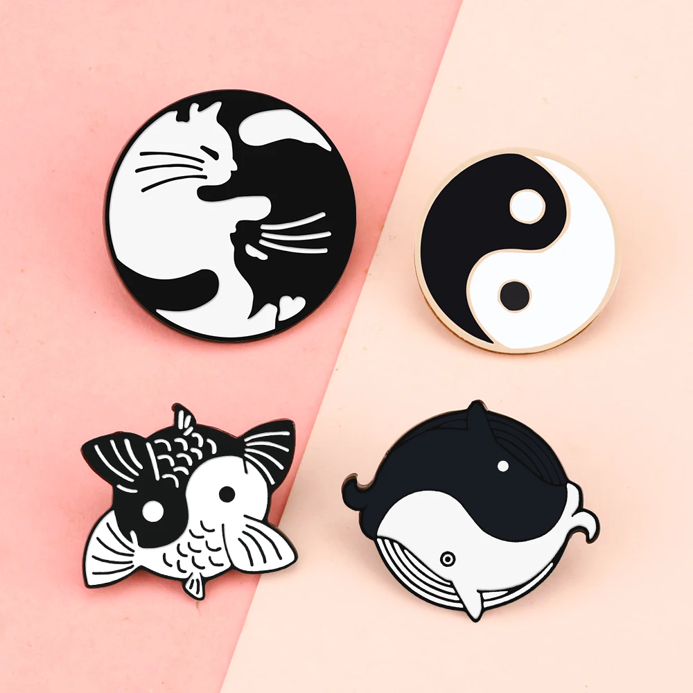 Винтажные белые черные Инь-Янские целебные броши кошка кит карп значки на