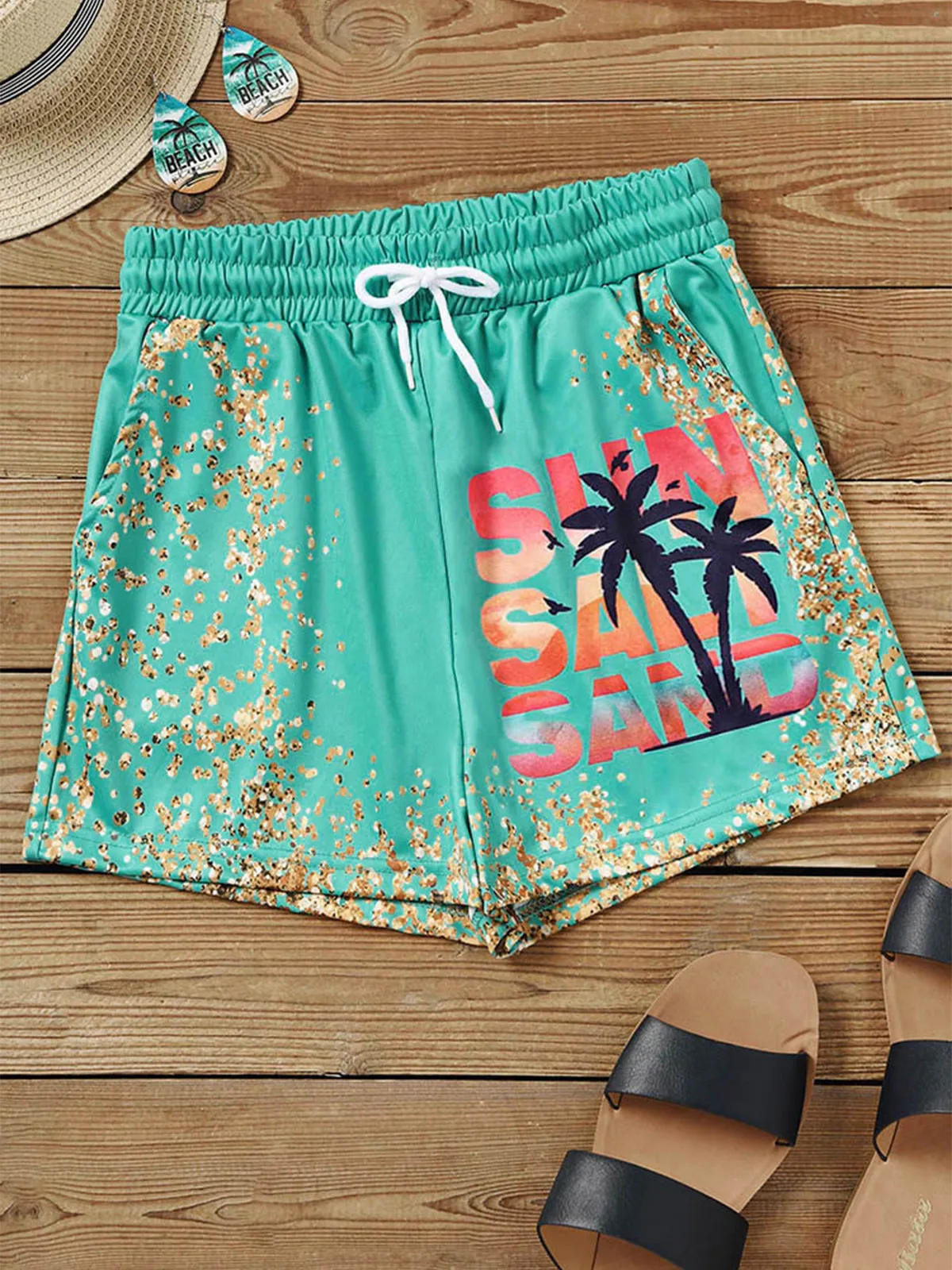 Fashion Sun Salt Sand Coconut Tree Glitter Pocket Shorts Women Clothing Beach Pants Outing Short korea style