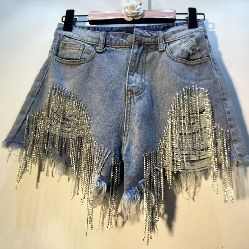 Fashion Rhinestone Heavy Tassels Nail Diamond Beads Korean High Waist Light Blue Denim Shorts Women Sexy Club Wear 2022 Summer