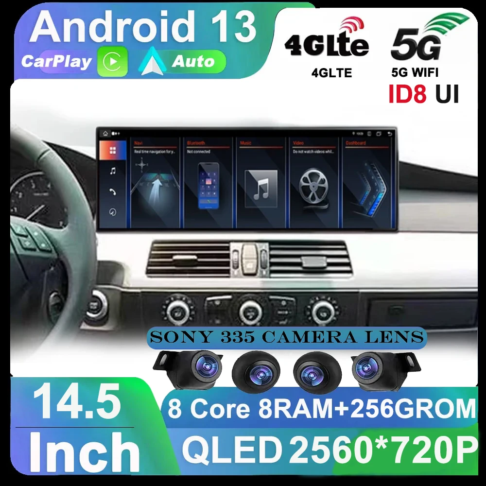 14 5 &quotAndroid 13 Carplay Автомобильный мультимедийный QLED экран для BMW E60 E61 E90 CIC CCC ID8 GPS WIFI 4G