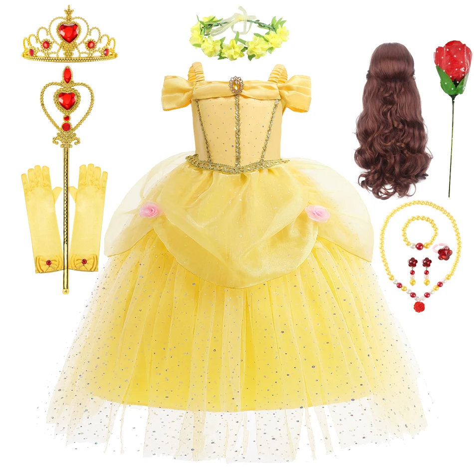 

Girl Disney Princess Belle Dress Beauty And The Beast Cosplay Costume Luxury Off Shoulder Lace Sequins Frocks Yellow Party Gown