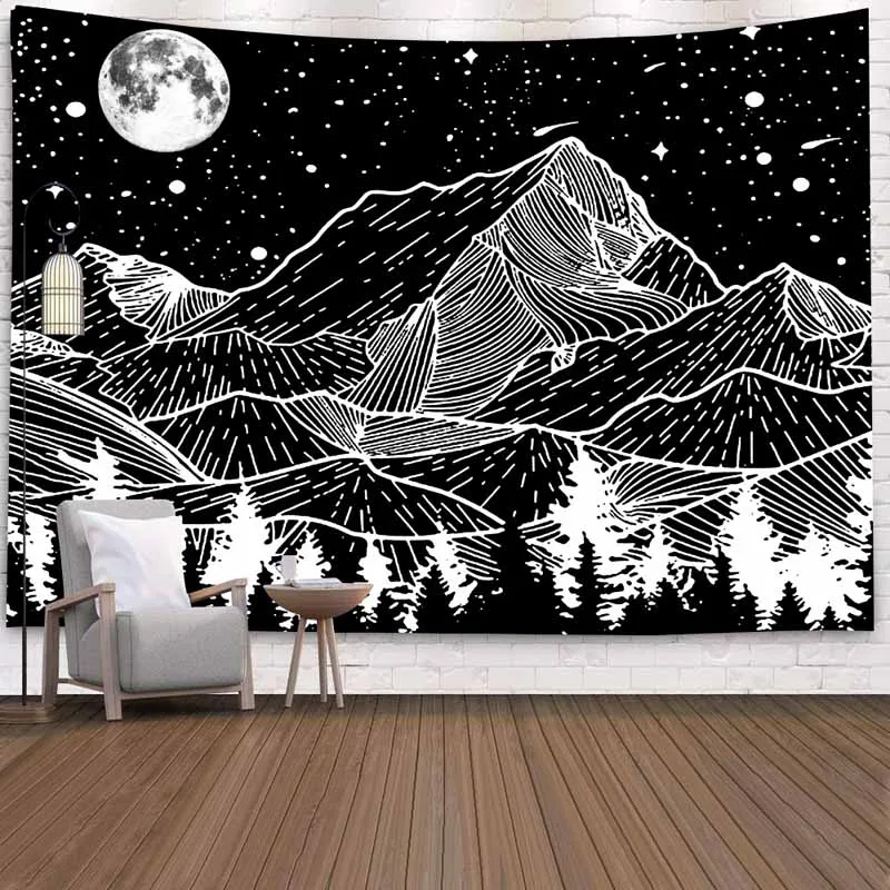 

Black White Natural Scenery Sun Waves Mountain Tapestry Wall Hanging Hippie Wall Covering Psychedelic Carpets Gothic Home Decor