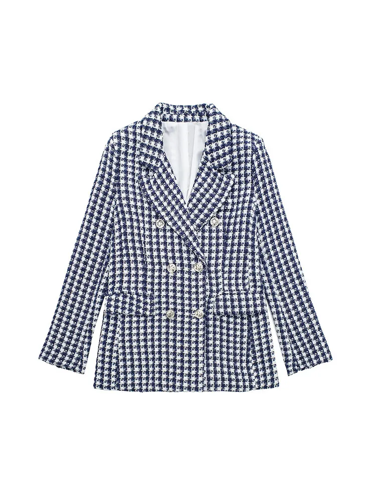 

BSK&ZA&TRF 2236139 Women 2022 New Fashion texture Double Breasted Tweed Check Slim Blazer Coat Female Outerwear Chic 2236/139