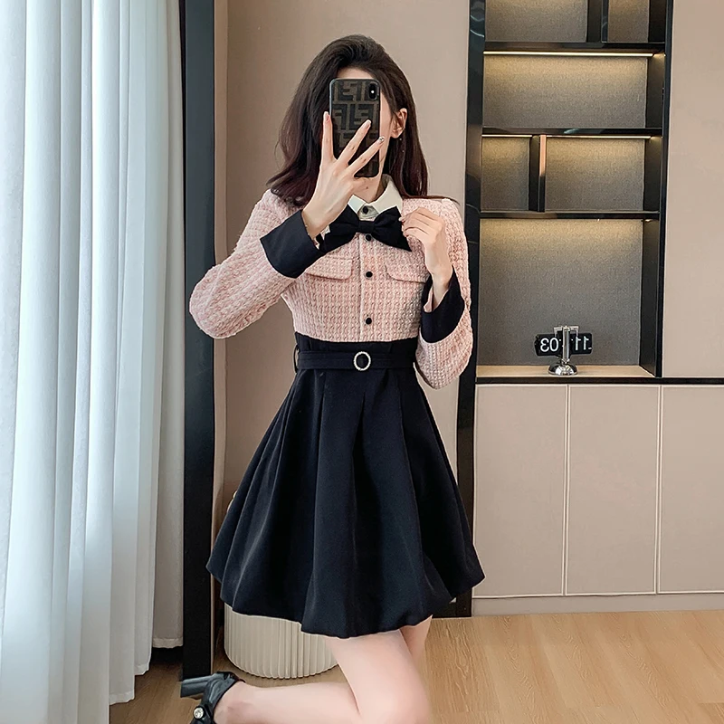 

Женское винтажное платье с бантом, розовое клетчатое элегантное платье в стиле пэчворк, корейское модное мини-платье с длинным рукавом, милое платье в стиле ретро, осень 2023