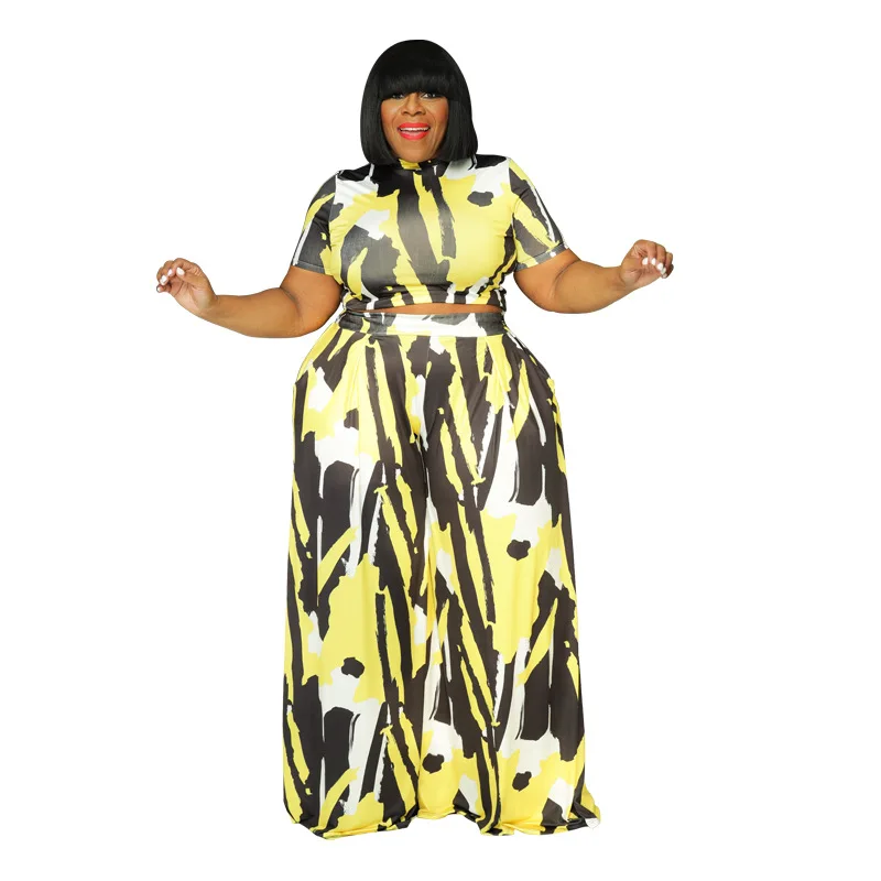 

Big Beautiful Women Summer Set Cropped T Shirt Wide Leg Pants Suit Female 2PCS Outfits Women Plus Size Two Piece Sets