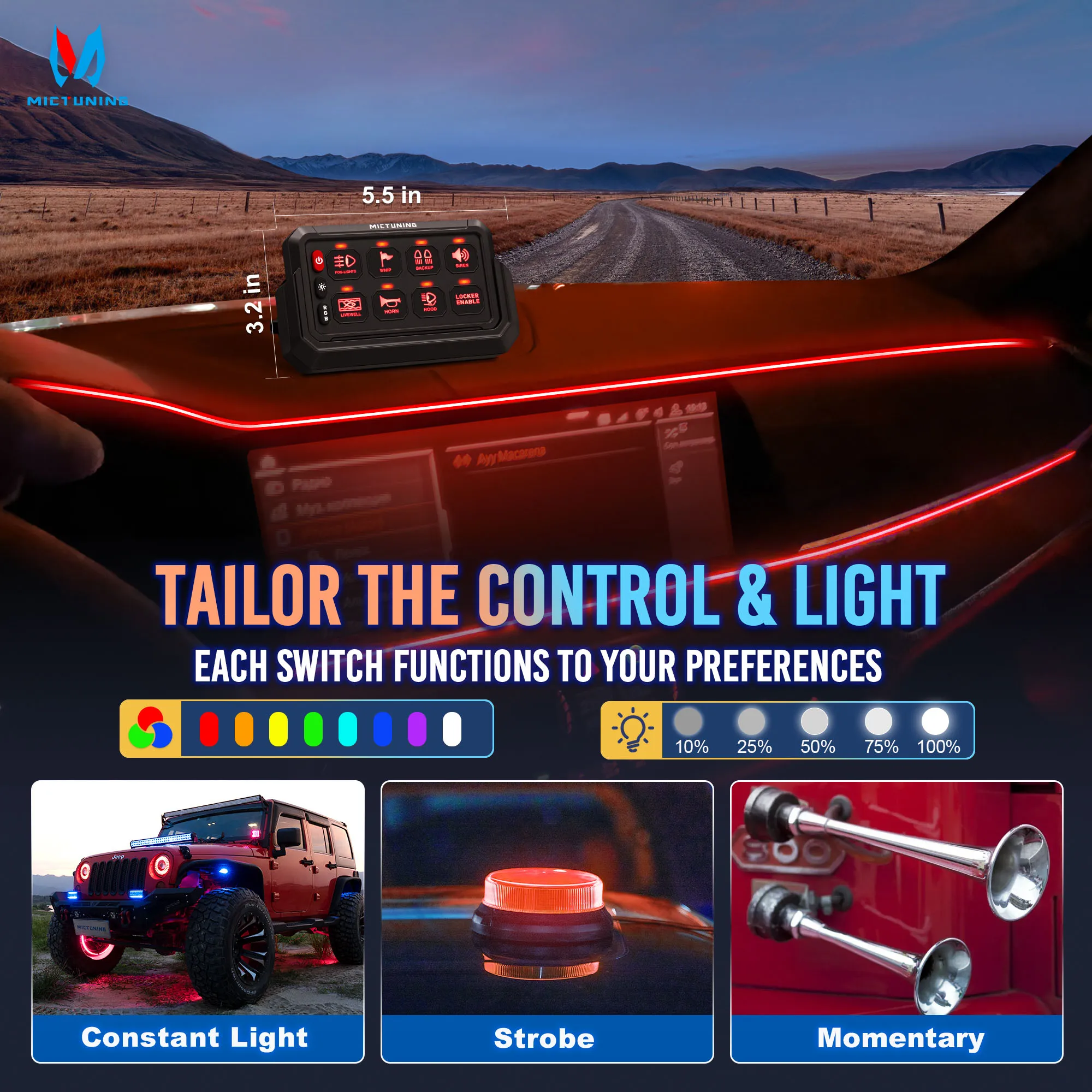 Панель переключателя MICTUNING RGB 8 каналов 12 В 24 беспроводная регулируемая яркость