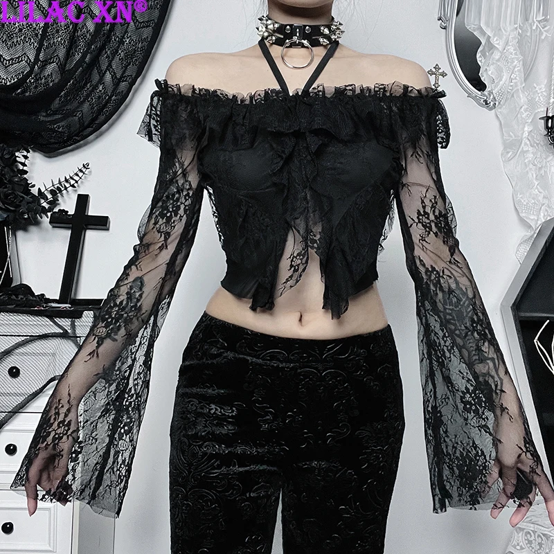 

Женская Кружевная футболка Goth Y2K, черная футболка с длинным рукавом и цветочным рисунком, винтажный топ с открытыми плечами