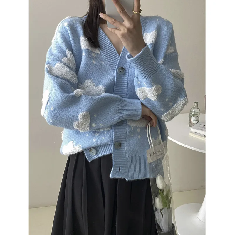 

Autumn Winter V-neck Women Knit Cardigans Blue Sky And White Clouds Casual Sweaters Sleeveless Vest 2022