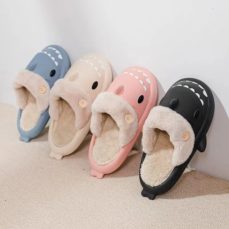 SENDNAKAI New Detachable Shark EVA Cotton Drag Waterproof and Anti slip Couple Home Warmth Plush Cotton Shoes Soft Sole Silent