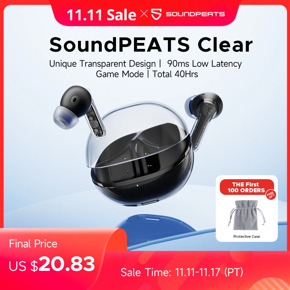 SoundPEATS Clear Transparent Series Bluetooth 5,3 True Wireless наушники с двойным ENC микрофоном, игровой режим, поддержка приложений, 40 часов