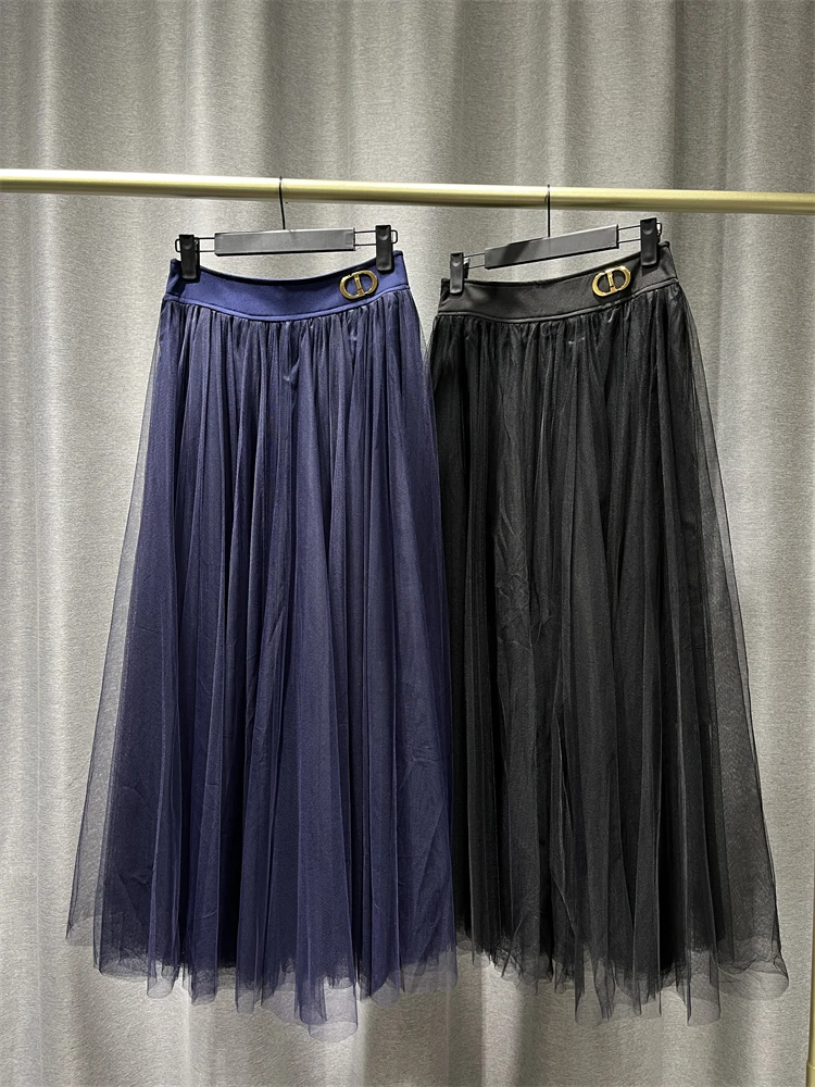 

Skirt Women 2022 Solid Color women's Casual Medium Length Skirt Side Zip Placket Outer Translucent Mesh With Lining Metal Buckle
