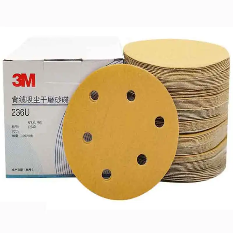 3M216u 10pcs 5 Inch 125mm Round Sandpaper 6 Hole Disk Sand Sheets Grit 180-600 Hook and Loop Sanding Disc Polish