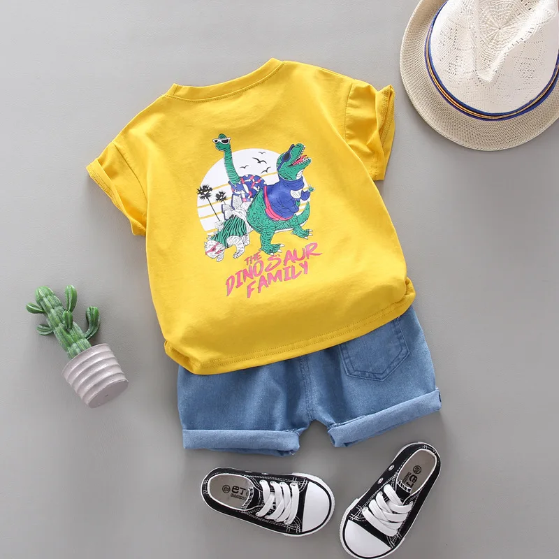 

New Baby Boys Handsome Clothes Set Casual Summer Kids Fashion Toddler Cartoon Dinosaur T- Shirt+Denim Shorts Infant 2Pcs Suits
