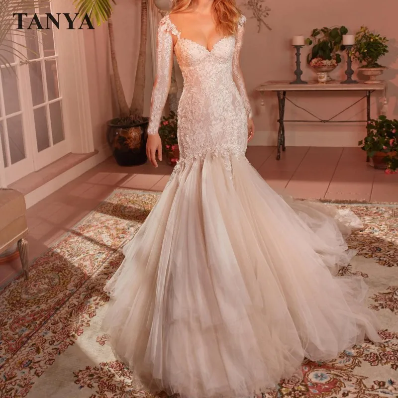 

Женское кружевное свадебное платье с юбкой-годе, элегантное платье невесты с длинными рукавами, иллюзией, пуговицами и аппликацией на заказ, LTDZ