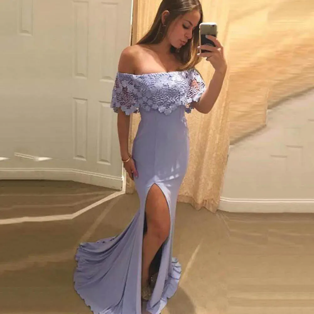 

Pastrol Evening Dress For Women Boat Neck Short Sleeves Zipper Prom Dress Side Split Trumpet Jersey Sweep Train Robes De Soirée