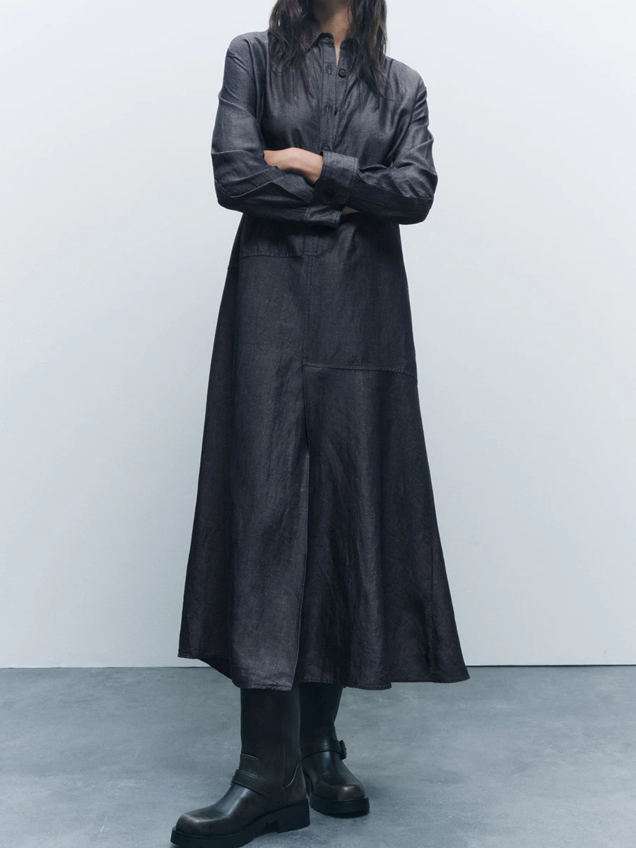 

Винтажное однотонное платье-рубашка для женщин, осень 2023, платье миди с длинным рукавом и пуговицами спереди, элегантное красивое женское платье, новинка