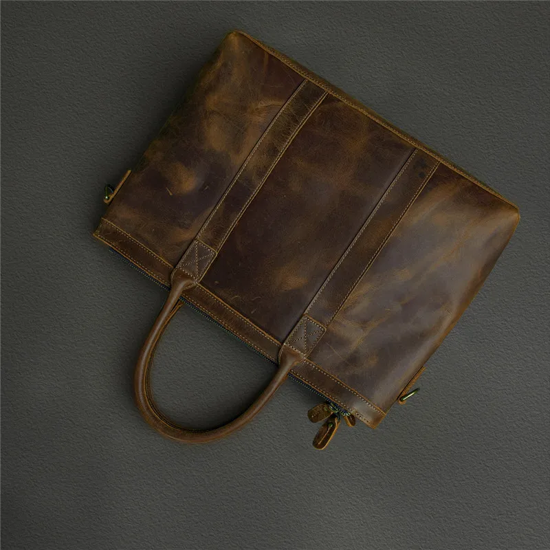 Vintage luxury crazy horse cowhide men's briefcase business casual designer genuine leather laptop handbag work messenger bags