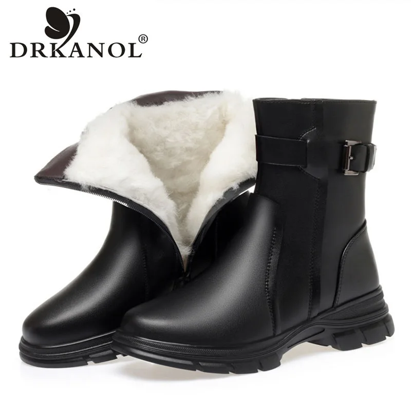 

DRKANOL Winter Wool Warm Snow Boots Winter Square Heel Genuine Leather Shearling Mid Calf Boots Soft Sole Non-Slip Cotton Boots