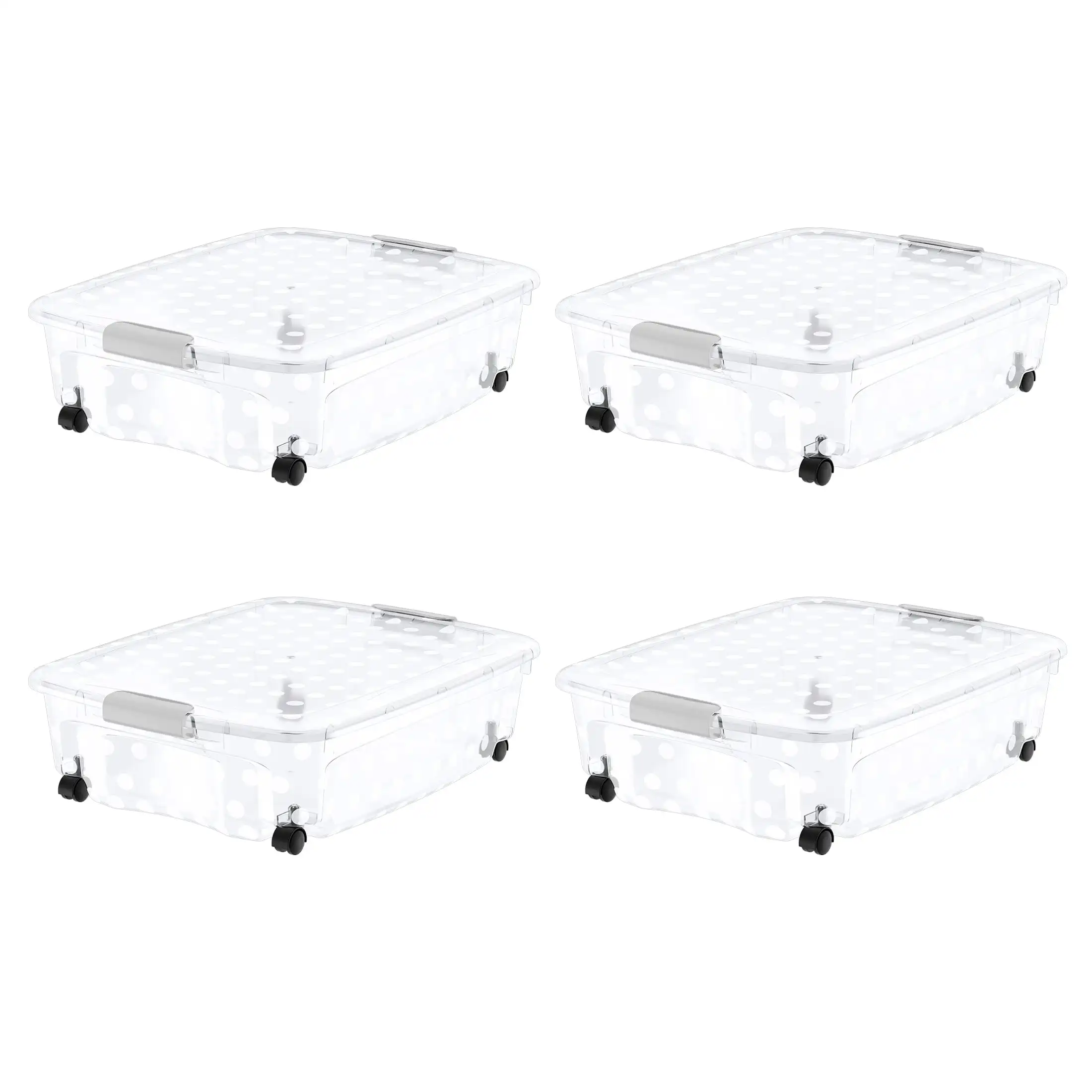 

36.5 Quart Underbed Clear Polka Dot Plastic Latching Lid Tote with 360 Degree Swivel Wheels, Set of 4
