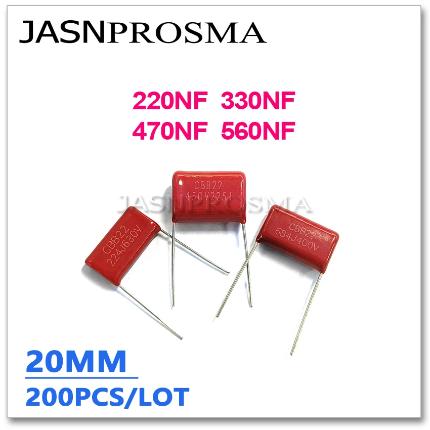 Фото Конденсатор JASNPROSMA CBB, шаг 20 мм, 400 В, 630 В, 1000 В, 1 кВ, 200 шт., 220NF 330NF 470NF 560NF 224J 334J 474J 564J, емкость №1