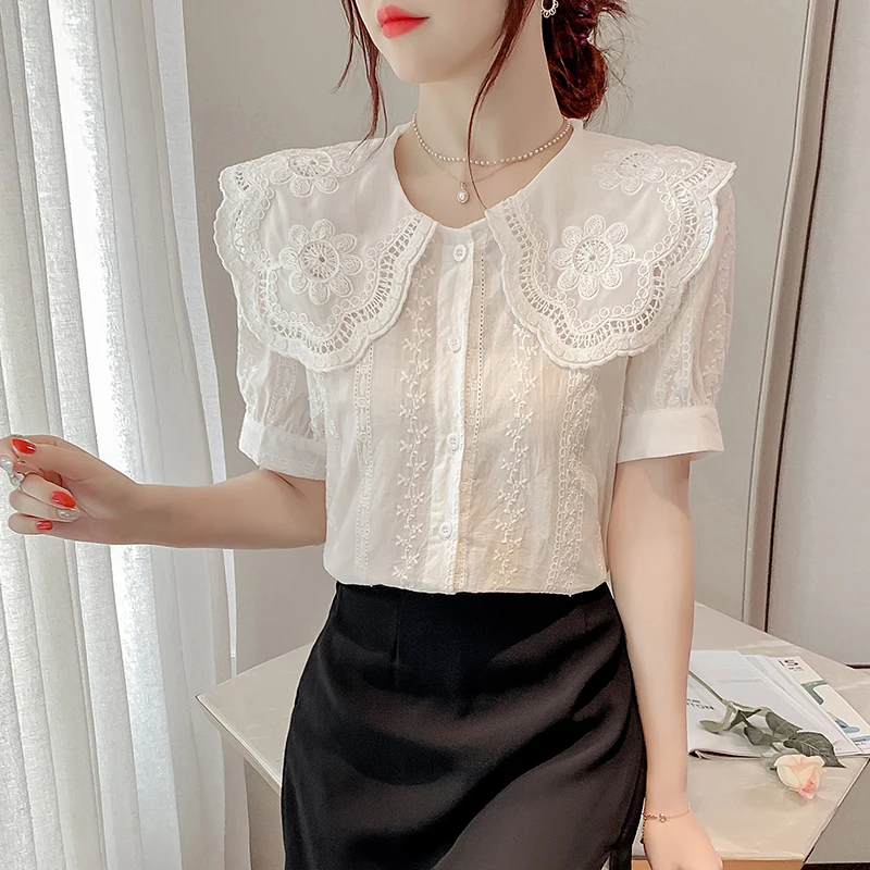 Блузка женская с цветочным принтом шикарная ажурная белая рубашка кукольным