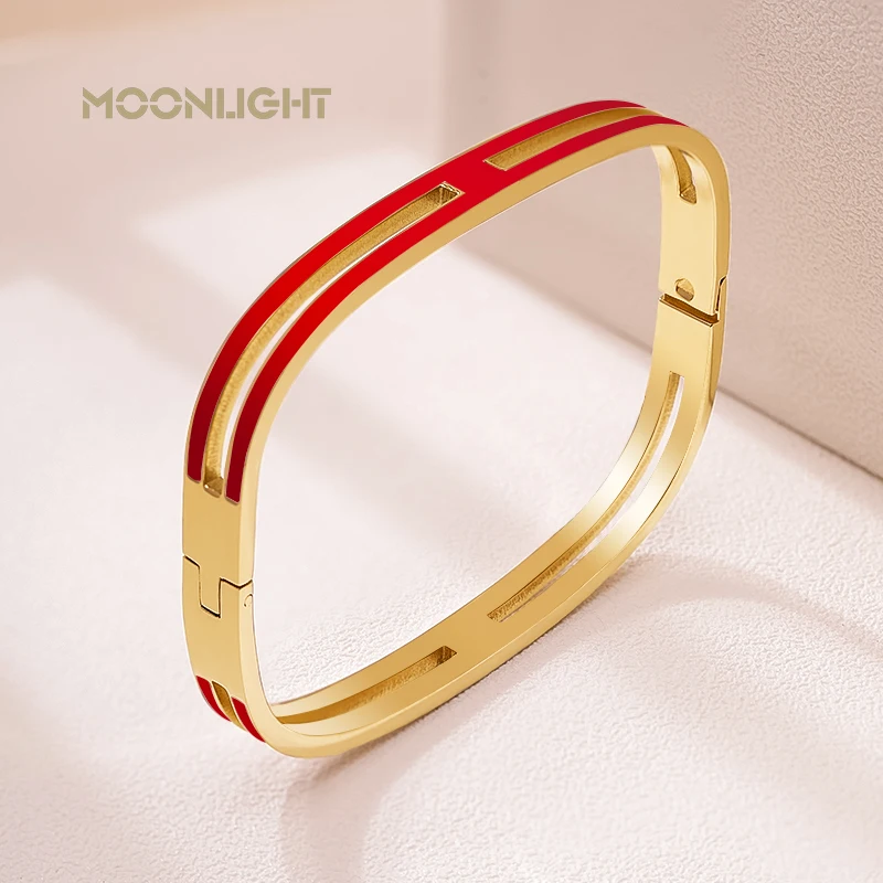 

MOONLIGHT Stainless Steel Square Bangles for Women Simple Red White Enamel Bangles Large Size Women Accessories Chiristmas Gifts