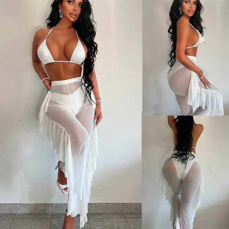 

Prowow Sexy Women Clothing White Bikinis Set with Sheer Mesh Three Piece Clothing Set 2023 New Summer Holiday Beach Party Wear