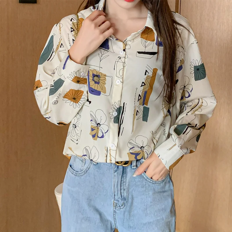 

Autumn Office Lady Shirts Satin Blouse for Women Long Sleeve Shirts Korean Fashion Silk OL Pullover Floral Tops Blusa Feminina