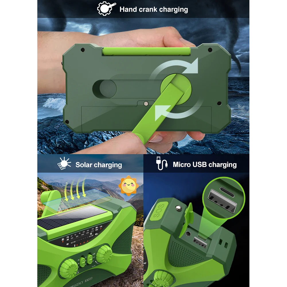 emergency radio 10000mah power bank rechargeable dual speaker stereo solar hand crank radio amfmnoaa with phone charger free global shipping