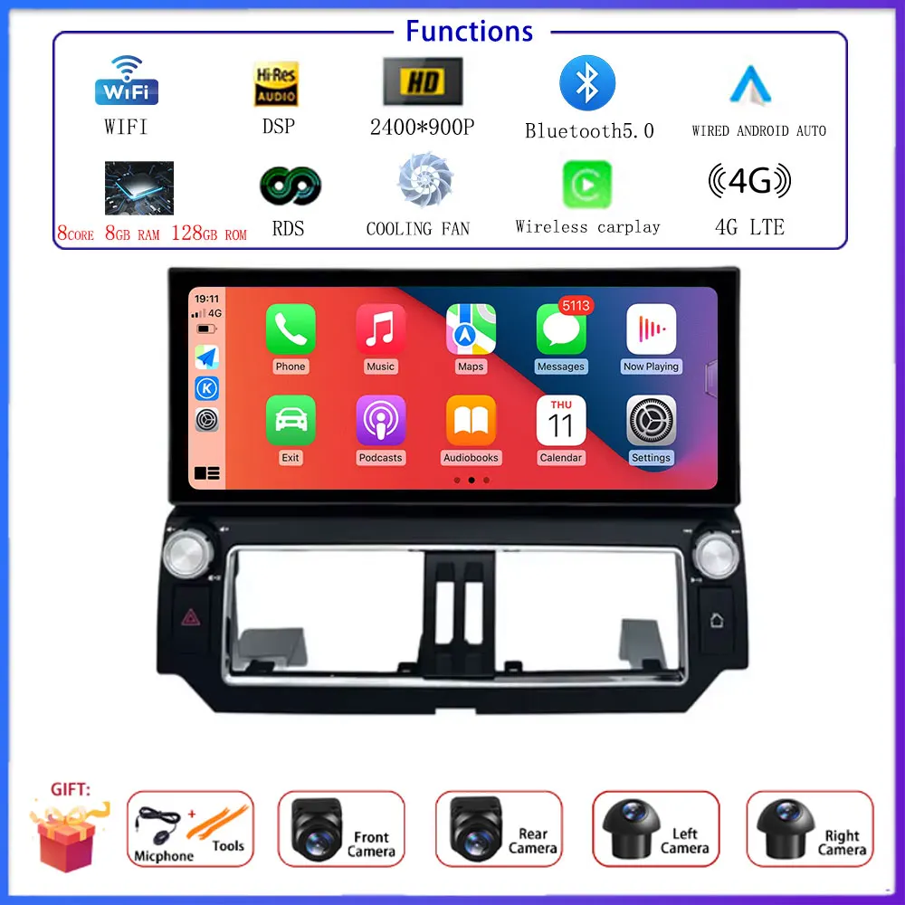 

Для Toyota Land Cruiser Prado 150 2014-2017 Android 14 Автомобильный радиоприемник Видео Мультимедийный плеер 12,3 дюйма Wi-Fi GPS-навигация BT DSP