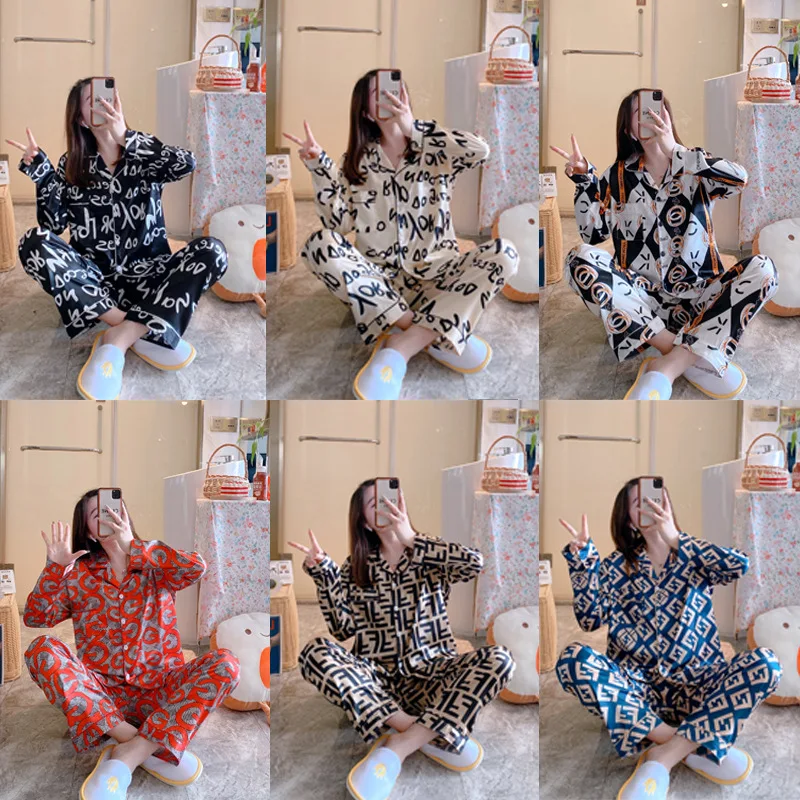 

Пикантная Шелковая пижама, женские летние брюки с длинным рукавом, комплект из двух предметов, модный носимый Женский Тонкий Повседневный д...