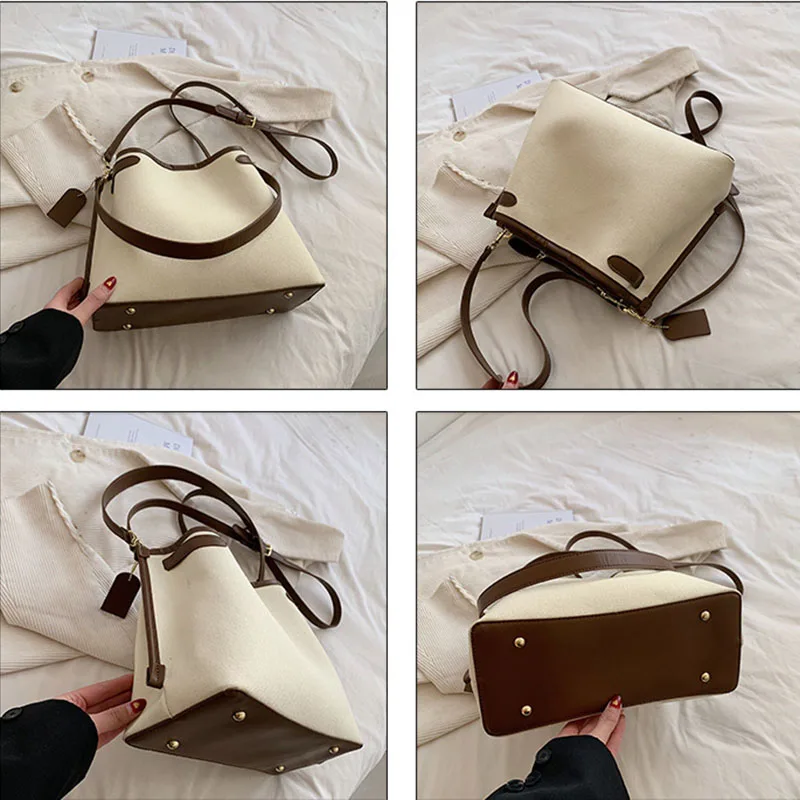 Women's Fashion Contrast Color Single -shoulder Messenger Bags Large Capacity Canvas Commuter Tote Handbag Casual Crossbody Bag