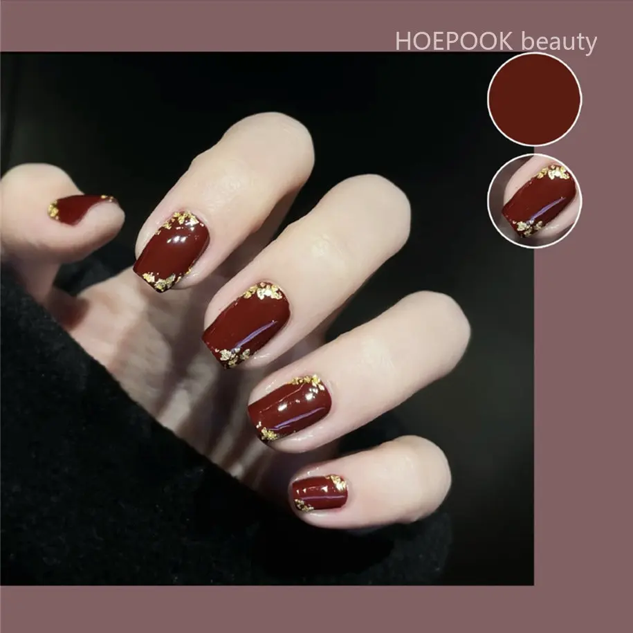 

24pcs Wine Red Gold Foil Finished Fake Nails Art Seamless Removable Press On Nails Tips Full Cover Artificial False Nails Set