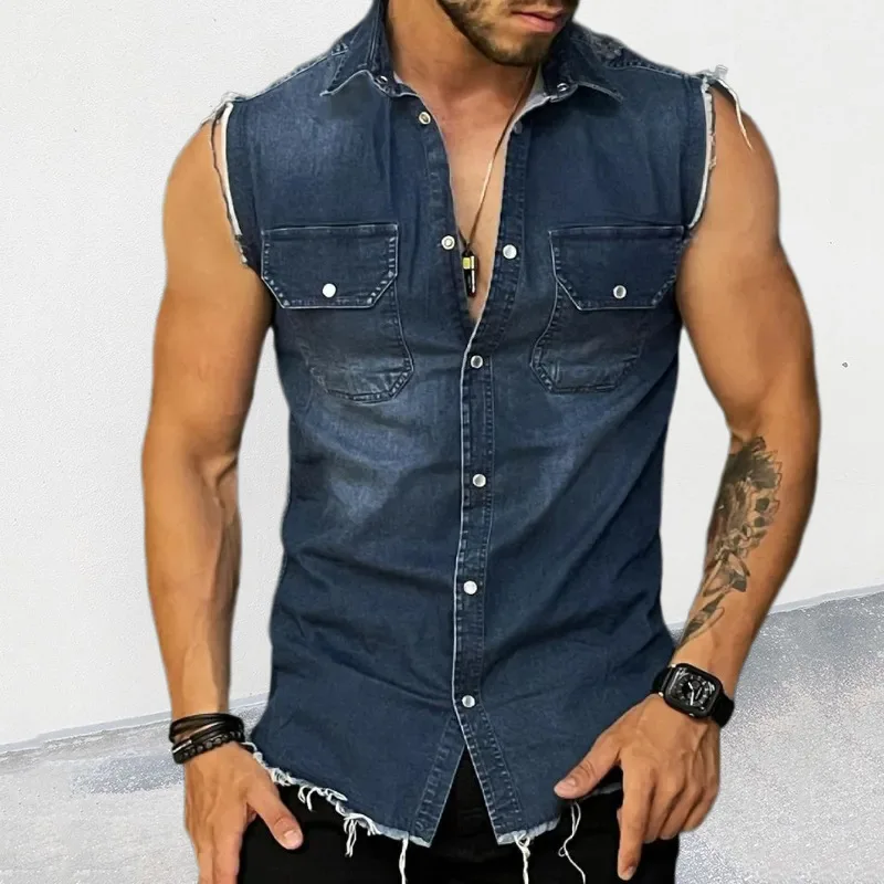 

Boys Turndown Collar Button Up Denim T-shirt Plus Size Xxl Men Sleeveless Blue Hip Hop Distressed Tshirt Tee Tops Streetwear