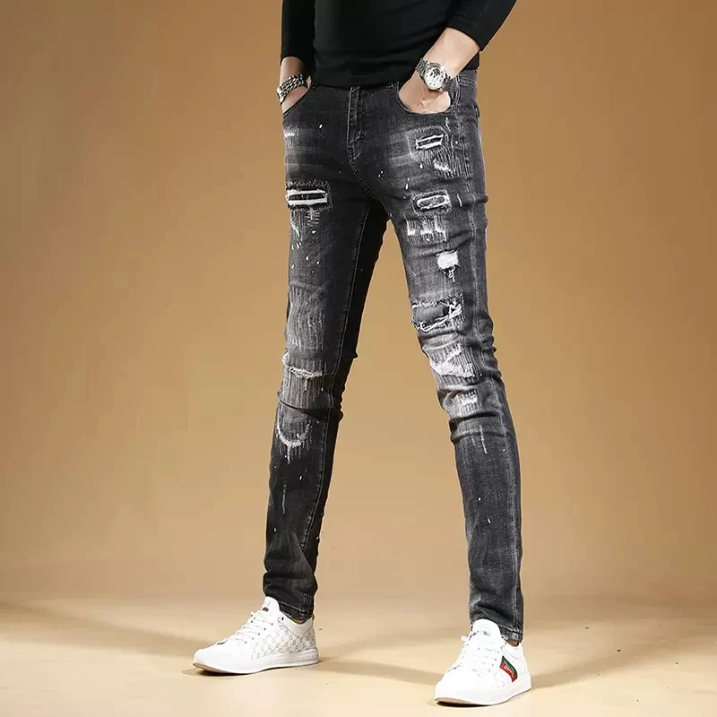 Autumn Black Ripped Jeans Men Fashion Dots Printed Slim Fit Pencil Pants Streetwear Casual Scratched Denim Trousers
