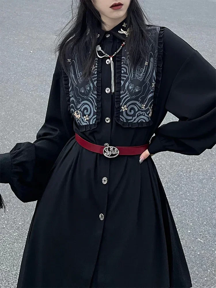 Осень 2023 новая рубашка Длинная блузка в китайском стиле пальто топ с черной