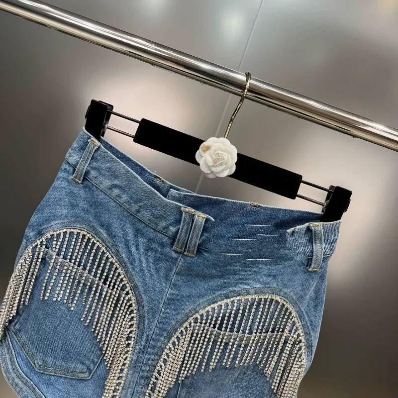 2023 Summer Denim Shorts Heavy Industry Diamond Tassel Back Pocket Stitching Slimming European Style Street Fashion Jeans Shorts