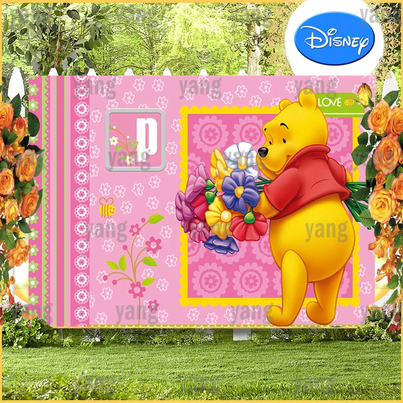 Lovely Pink Flower Disney Newborn Party Photo Background Banner Birthday Tigger Backdrop Custom Winnie Bear Cartoon Decoration