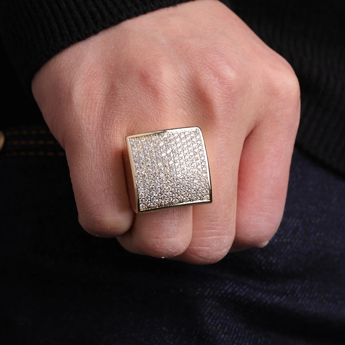 Bling Men's AAA+Zircon Ring Gold Color Copper Material Iced Out Full CZ Square Fashion Hip Hop Jewelry Size 7-12 images - 6