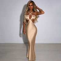 2022 summer hot sexy solid halter strap backless casual evening party prom elegant cutout poplin maxi dresses for women vestidos