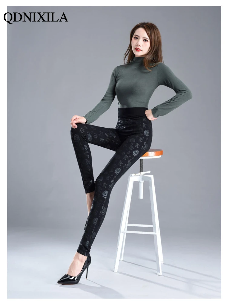 2023 Autumn Winter Printed Women's Legging Wear High Waist Elastic Black Gym Fitness Push Up Pants Velvet Cotton Clothes Sexy