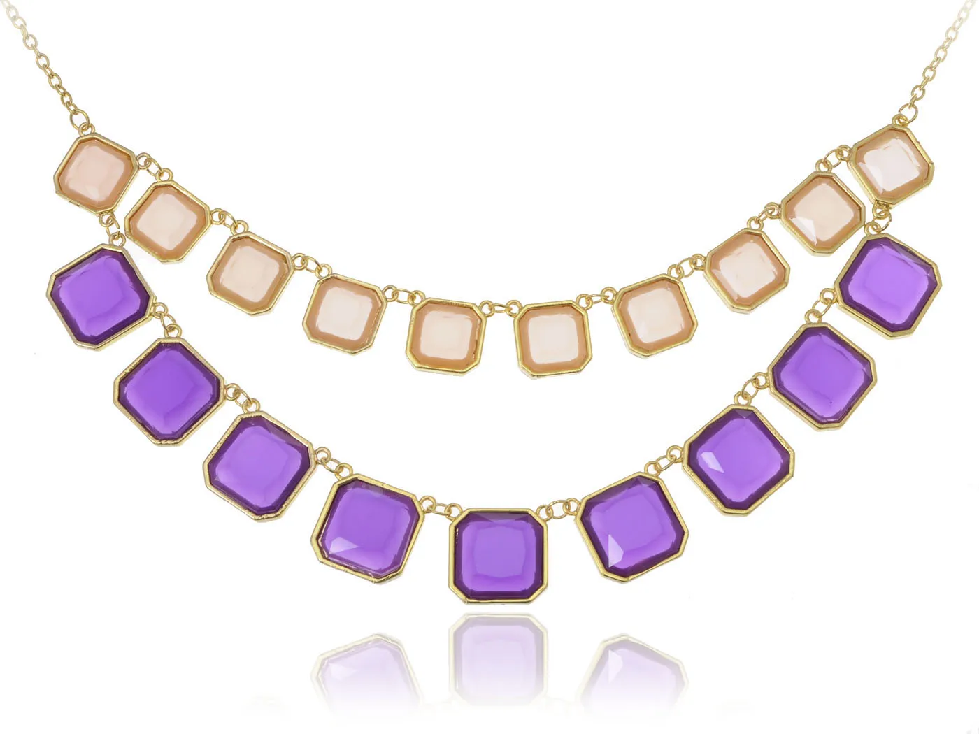 

Golden Toned Contemporary Linked Purple Square Bead Adjustable Necklace