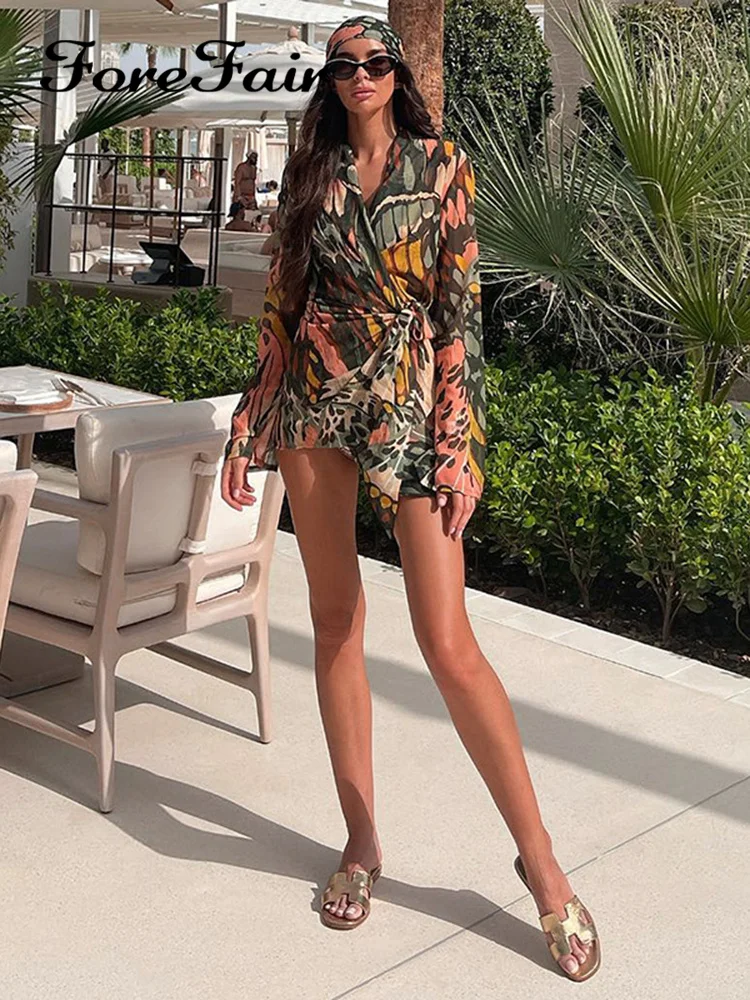 

Forefair Y2K пикантное Бандажное платье с глубоким вырезом с принтом модное женское платье с многослойным принтом с длинным рукавом Сетчатое лоскутное мини коктейльное облегающее платье наряд