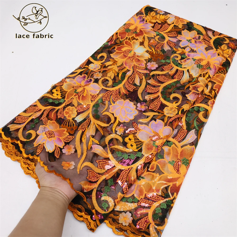 

2023 Latest French Mesh Net Sequins Lace Fabric High Quality African Nigerian ChiffonTulle Lace Fabric 5 Yards For Wedding Party